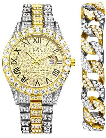 JewelryWe Herrenuhr Armband Set: 2pcs Gold/Silber Iced Out Uhr und Armband Schmuckset für Männer Frauen Glitzer Strass Metallarmband Kalender Analog Quarz Armbanduhr Bling Diamant Panzerkette Armkette