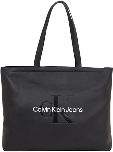 Calvin Klein Jeans Damen Tote Bag Tasche Sculpted Slim Groß mit Reißverschluss, Schwarz (Fashion Black), Einheitsgröße