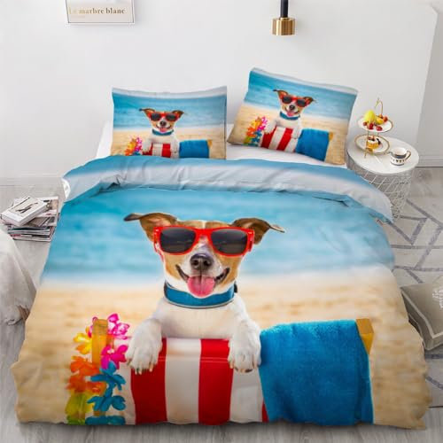 ROUSKI Bettwäsche Jack Russell Terrier 135x200 cm 2teilig 100% Mikrofaser Kinderbettwäsche Meer Strand Wendebettwäsche mit Reißverschluss 3D Motiv Zimmer Dekor Bettwäsche-Sets mit Kissenbezüge 80x80