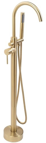 Rea MONO Goldbürste, freistehender Badewannenarmatur, Wasserhahn Badewanne Einhebel Wannenarmatur mit Handbrause Badarmatur aus Messing Mischbatterie (Gold)