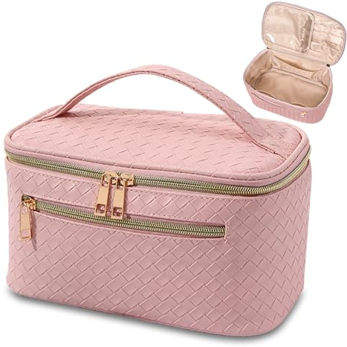 TOPALL Kosmetiktasche Reise Damen,Beauty Case PU Leder,Groß Make Up Tasche,Portable Schminktasche Kulturtasche Organizer mit Kapazität für Reisezubehör Travel Essentials Women(Rosa PU)