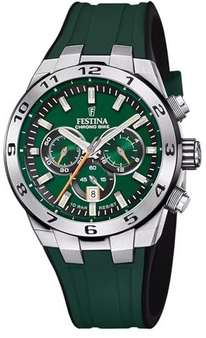 Montre FESTINA pour Homme F20671/2 Chrono Bike Boîtier en Acier Inoxydable Gris Bracelet en Caoutchouc Vert