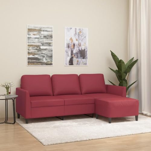 UTSRABFA Balkonmöbel Ecksofa Couchgarnitur Wohnzimmer 3-Sitzer-Sofa mit Hocker Weinrot 180 cm Kunstleder Geeignet für Schlafzimmer, Wohnzimmer, Esszimmer, Büro