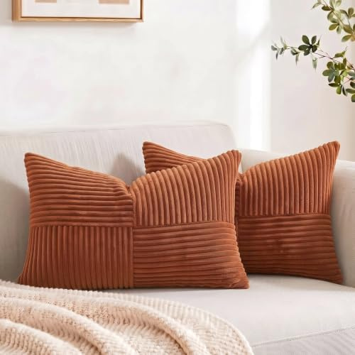 FDTERN 2er Set Rostrot Kordsamt Kissenbezug 30x60CM Weich Moderne Dekorative Kissenbezüge Kissenhülle Dekokissenbezug Sofakissen Dekokissen Boho Herbst Deko für Sofa Schlafzimmer Wohnzimmer Balkon