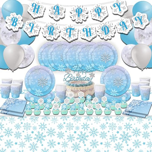 Birthday Party Supplies, 85Pcs Frozen Snowflake Theme Birthday Party Supplies, Decorations Includes plates, Napkin, Paper Cup, Banner, Tablecloth, Balloon