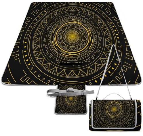 SEEKJOYS Goldenes Mandala-Muster, Picknickdecke mit Tragegurt, faltbar und tragbar, 3-lagig, wasserdicht, sanddicht, Stranddecke für Outdoor, Camping, Reisen, Gras, Rasen, Park, Musikfestival