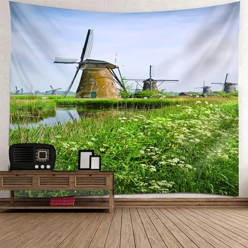 Lirzxin Wandteppich 240x220CM, Wandtücher Blumen Gräser Windmühle Landschaft Grün Tapestry Wandbehang Tapisserie für Wohnzimmer Schlafzimmer Wohnheim Wanddeko