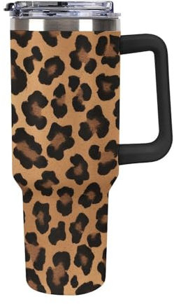 Quteprint Borraccia termica in acciaio inox da 1180 ml, con manico, motivo leopardato, a tenuta stagna, con coperchio e cannuccia, per acqua, tè freddo o caffè, adatta per la maggior parte dei