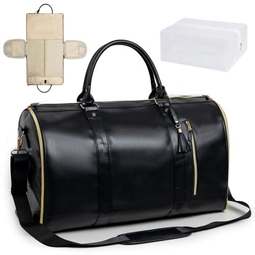 Boufeida Reisetasche, faltbar, leder, hochwertig & wasserdicht, aufklappbar mit Schulterriemen, Organizer für Reisen und Geschäftsreisen, Schwarz