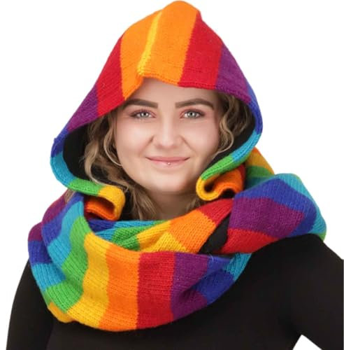 Kunst und Magie Damen Kapuzenschal Loop Schal Hoodie Schalmütze Poncho Regenbogenfarben aus Wolle gestrickt Strick Kapuze