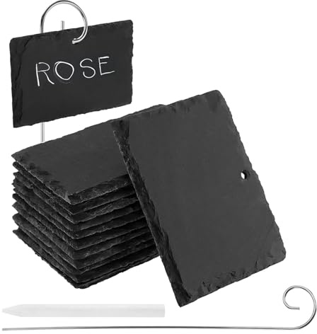 MUNGHOK 12 Stück Pflanzenschilder zum Beschriften Schiefer, 10x7cm Schieferschilder mit 40cm Metallstab, Pflanzenetiketten Schiefer, Schiefertafel Pflanzenstecker für Kräuter und Schild