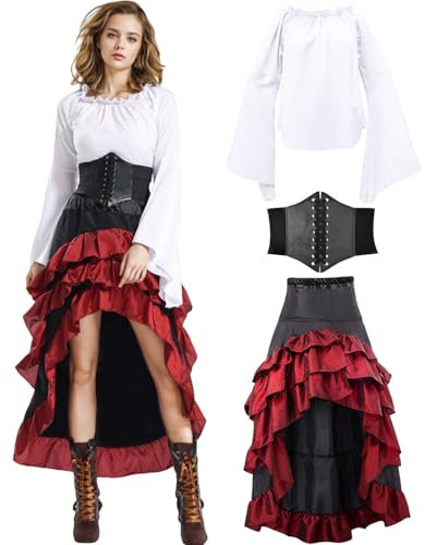 minkasic Mittelalter Piratenkostüm Set Mittelalter Kleid Damen mit Piraten Korsett Oberteil Rock Faschingskostüm für Halloween Karneval Cosplay (Rot, M)