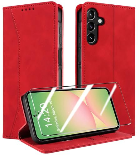 QHOHQ Handyhülle für Samsung Galaxy A56 / A36 5G Hülle mit Panzer Glas, Premium Leder Schutzhülle, [RFID Blockierung], Magnet Klappbar Flip Case Tasche, Multifunktional, Stoßfest-Rot