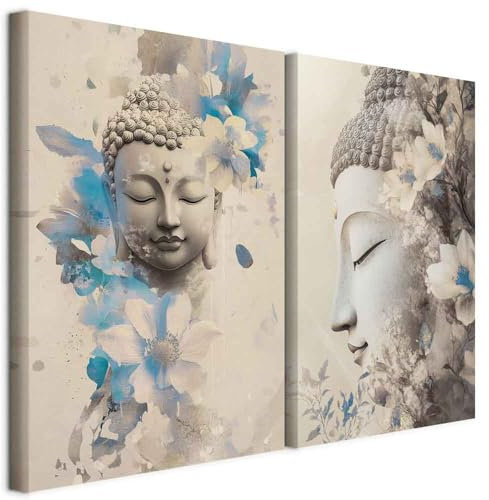 murando - Akustikbild Set Buddha-Kopf umgeben von Blumen 120x90cm 2 Teilig je 60x90cm Collage 2er Vlies Bilder Akustikschaum Schallschutz Akustikpaneele Groß Wandbilder XXL - Wandkunst p-H-10006-b-a