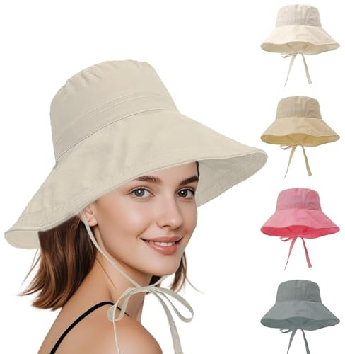 Shyllin Sombreros de Sol para Mujer, Sombrero Mujer Verano con Cordón Cortavientos, ala Ancha, Protección Solar UPF 50+ UV - Bucket Hat para Playa, Viajes y Jardinería (FR/ES, Números, 58, Beige)