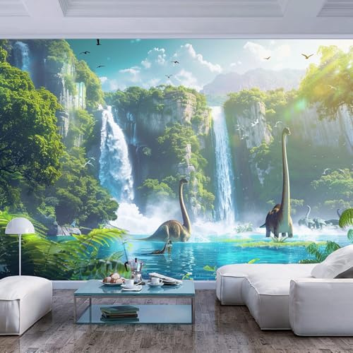 Fototapete 3D Effekt Wandbilder Dinosaurier Wasserfall Waldlandschaft Tapete für Schlafzimmer Küche Bad Wohnzimmer Für das Hotel Büro Flur