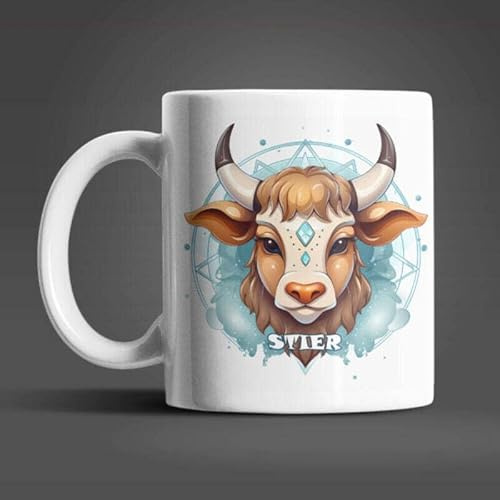 Sternzeichen Tasse 325 ml – Tierkreis Kaffeetasse mit süßem Horoskop-Motiv – 12 astrologische Designs von Widder bis Fische – Geschenkidee für Frauen, Männer & Astrologie-Fans, Muster: Stier