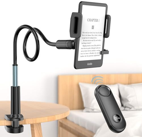 PlusAcc Soporte para tablet con girador de páginas para Kindle - Soporte ajustable para cama, soporte de lectura manos libres con clic para aplicación Kindle, Pad y tabletas
