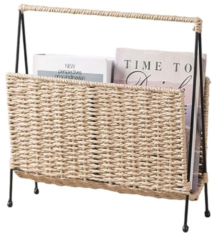 Porte-magazine, rack de magazine tissé en papier boho avec stand en fer, 13.8x3,9x13,8 pouce panier de livre pour lettre de journal, salon, salle de bain, bureau, pépinière, décoration intérieure