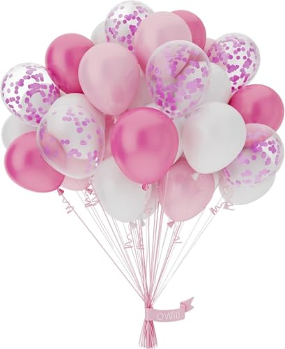 OWill Pink Balloons 50 Pcs – 10 Inch Pink, White & Pink Confetti Balloons for Baby Shower, Birthday Party, Girls’ Celebration, Wedding Decorations