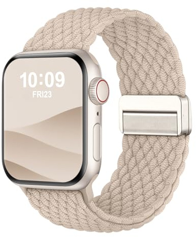 Geflochtenes Armband Kompatibel mit Apple Watch Armband 40mm 41mm 42mm 38mm,Elastisch Stoff Sport Nylon Armbänder mit Magnet Verschluss für iWatch SE 3 Series 11 10 9 8 7 6 5 4 3 2 1, Beige