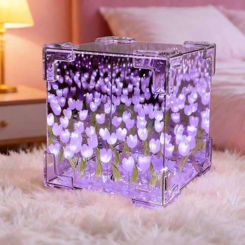 Yootiko DIY Tulpen Spiegelwürfel Lampe, LED Nachtlicht Blumenlicht, Handgemachte Tulpen Deko Lampe für Schlafzimmer Tisch, Romantisches Geschenk für Frauen Mädchen (Lila)