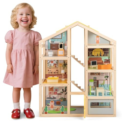 FANTASK Puppenhaus Holz, Bunt Puppenstube mit komplettem Möbeln & Zubehör, 3 Etagen DIY-Dollhouse mit Garage & öffnbarer Tür, für Mädchen & Jungen ab 2 Jahren