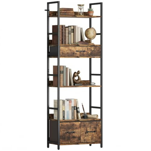 HOMCOM 6-Tier Industrial Bookcase Shelving Unit, 60x30x176 cm, Rustic Brown | 4 Shelves, 3 Fabric Drawers, Wide Storage Rack, Plant Stand, for Living Room Home Office Bedroom