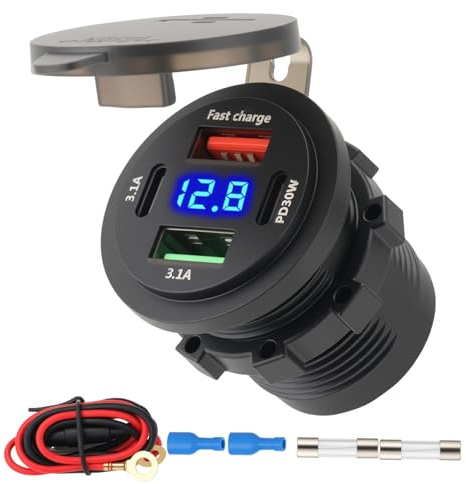 USB Car Charger Socket 4 Port Outlet with Dual 30W PD Type C Dual 18W QC3.0 | Fast Charging USB A, Waterproof Power Outlet Panel with LED Voltmeter for 12V/24V Car Boat Motorcycle Marine RV Truck