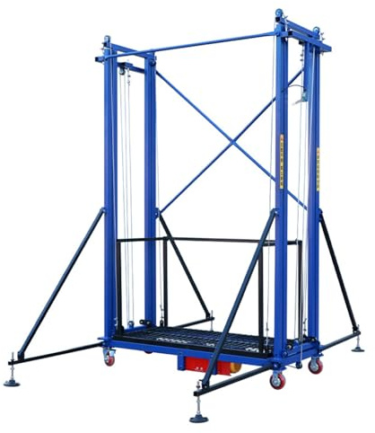 Elektrisches Gerüst mit einer Tragkraft von 400 kg, 100 m hoch, mit einer 15 x 100 cm Plattform und einer vierteiligen Türrahmenstruktur. (4,5 m Erhöhung der Höhe - drei Rahmen)