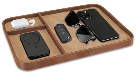 SITHON Valet Tray Premium PU Leather Catchall Organiser, Brown | Multifunctional Bedside Vanity Tray Nightstand Caddy Holder Fits Keys, Watch, Wallet, Jewellery and More. Tray Only