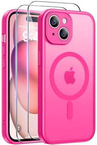 Qasyfanc Coque Magnétique pour iPhone 15 avec 2 Verre Trempé,Rose Vif | Compatible avec MagSafe, Anti-Jaune Antichoc Anti-Chute Caméra Protecteur