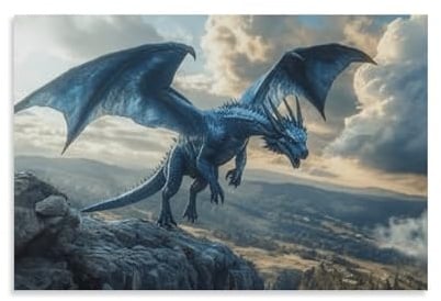 Blauer Fantasy Drache Wandbild Cliff Leinwand Gemälde Wanddekoration Poster Leinwanddrucke Kunstwerk Für Schlafzimmer Wanddekoration Gerahmt 24x36inch(60x90cm)