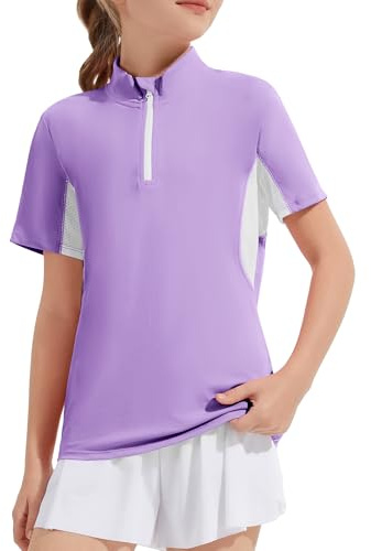 Girls Short Sleeve Quick Dry Shirt Horse Riding Quarter Zip Equestrian T-Shirt for Girls Kids Activewear Purple Size 7-8