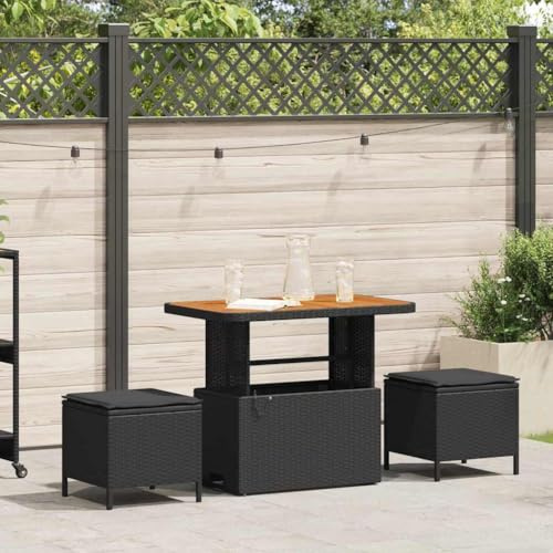 Kaloriko Garten Essgruppe Schwarz Poly-Rattan für 2 Personen, Akazienholz-Tisch, Outdoor Möbel Set, Terrassenmöbel mit Kissen