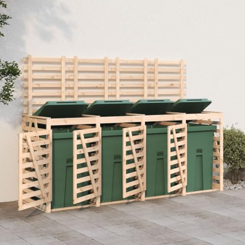 Mokuyary Abri de poubelles Quadruple sur roulettes Bois Massif pin, Abri de Jardin Cache pour poubelles, Conteneur d'extérieur Coffre de Rangement