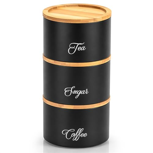 Innoteck Tea Coffee Sugar Canisters, Stackable Set of 3, Bamboo Lids, Black | Airtight Bamboo Lids, Stackable Kitchen Storage, Tea Caddy & Dry Food Jars