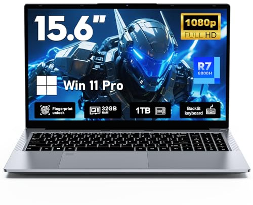 FUNYET Computer Portatile, 2026 Nuovo PC Portatile da 15,6 pollici, 32 GB di RAM, SSD da 1 TB,Laptop R7-6800H, Gaming Laptop IPS FHD 1920*1080 Notebook,Fingerprint scanner,Backlit keyboard, 5000 mAh