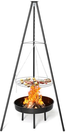 ROVSON Fire Pit with BBQ Grill, Tripod Stand with Adjustable Grate and Bowl, Outdoor Cooking for Camping, Garden, Black (with Fire Bowl)