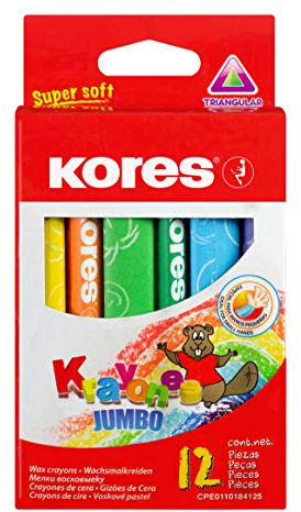 Kores - Krayones: 12 Wachsmalstifte für Kinder, Jumbogröße und Ergonomische Dreikantform, Ungiftig und Kinderfreundlich, Kunst und Basteln und Schulbedarf, Set von 12 Sortierten Farben