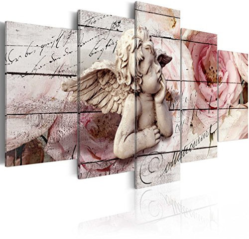 B&D XXL - Tableau décoratif nature 200x100 cm - Impression sur toile colorée - Décoration murale pour salon et chambre - Anges bois fleurs rétro roses sculptures fond vintage b-C-0051-b-m