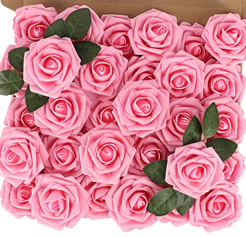 MACTING 30PCS Pink Artificial Roses with Stems, Real Touch Foam Flowers