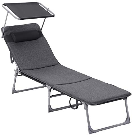 SONGMICS Sonnenliege, klappbarer Liegestuhl, 193 x 53 x 29 cm, trägt bis zu 150 kg, Kissen, Sonnenschutz, Kopfkissen, verstellbare Rückenlehne, für Garten, Pool, Terrasse, dunkelgrau GCB19UM