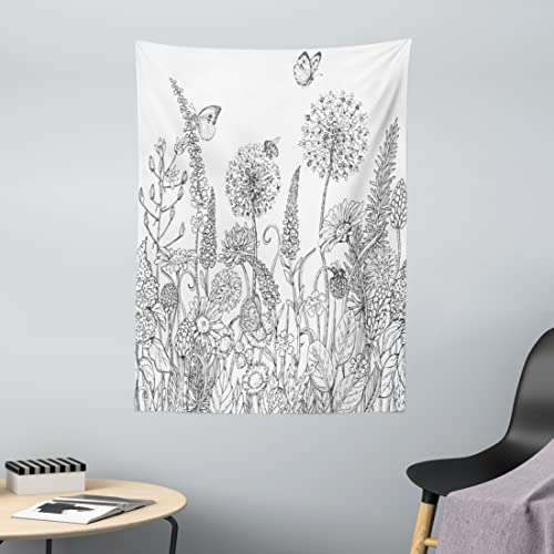 ABAKUHAUS Blumen Wandteppich, Blumen-Garten-Landschaft aus Weiches Mikrofaser Stoff Waschbar ohne Verblassen Digitaldruck, 110 x 150 cm, Weiß Grau