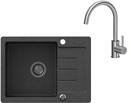 VBChome Spülbecken Schwarz mit Armatur 60 x 44 cm mit Spültischarmatur Granit Einzelbecken Einbauspüle gesprenkelt reversibel Verbundspüle + Siphon Wasserhahn Einhebel