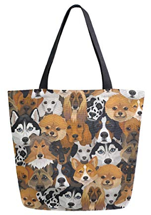 BIGJOKE Canvas-Tragetasche, niedliches Hundemuster, große Damen-Umhängetasche, Handtasche, wiederverwendbar, Einkaufen, Lebensmittel, tragbare Aufbewahrungstasche für den Außenbereich.