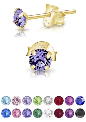 DTPsilver - Winzige Ohrringe 925 Sterling Silber Gelb Vergoldet mit Kristallen von Swarovski® Elements Runde Sehr kleine Ohrstecker - Durchmesser 4 mm - Farbe : Tansanit