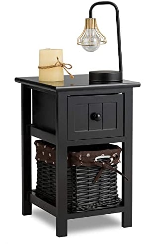 RELAX4LIFE Nachttisch aus robustem Holz, Nachtkonsole mit Schublade und Korb, für geräumige Aufbewahrung, Nachtkommode, Beistellschrank, Flurtisch, Schmale Beistelltisch, 30 kg belastbar (Schwarz)