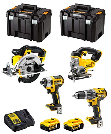 DeWALT Kit DWK402 (Perceuse à Percussion DCD796 + Visseuse à Chocs DCF887 + Scie Sauteuse DCS331 + Scie Circulaire DCS391 + 2 Batteries de 5,0 Ah + Chargeur + 2 x TSTAK VI)