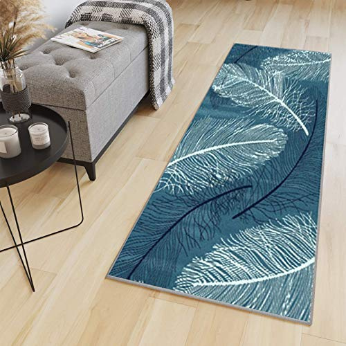 Tapis Cuisine Devant Evier Antidérapant et Lavable - Tapis Couloir Long Moderne Motifs Géométriques (Sur Mesure & 10 designs) Tapis d'Entree Interieur, Tapis de Passage au Metre, Bleu, Motif Plume